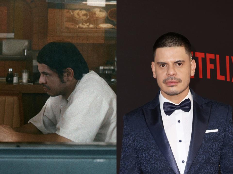 left: chucho castro in griselda, sitting at a diner table and seen through a window wearing a white t-shirt; right: fredy yate in a navy suit and bowtie at the griselda premiere