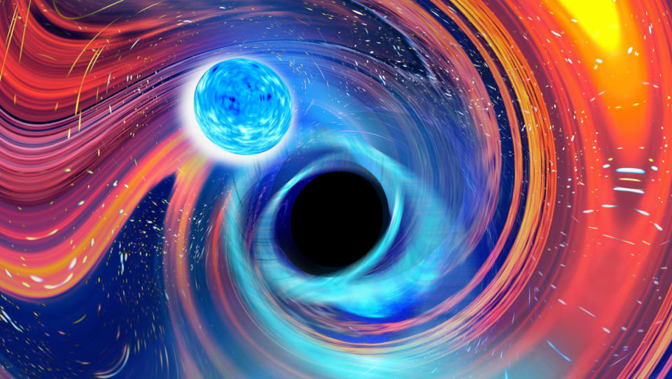 A visualization of a black hole-neutron star binary.