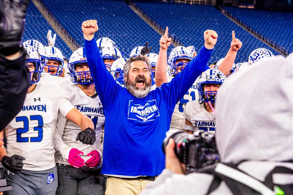 Fairhaven coach Derek Almeida celebrates the Super Bowl victory.