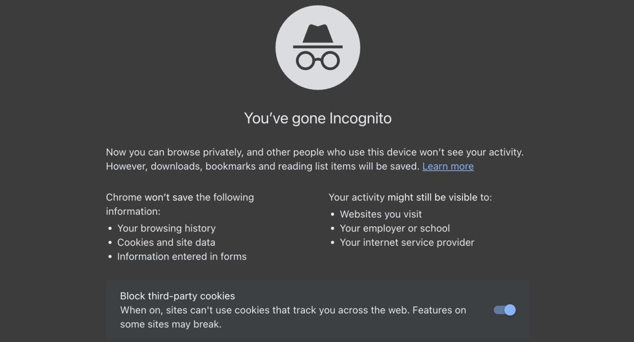 The screen that appears when you open an Icognito browser on Google Chrome.