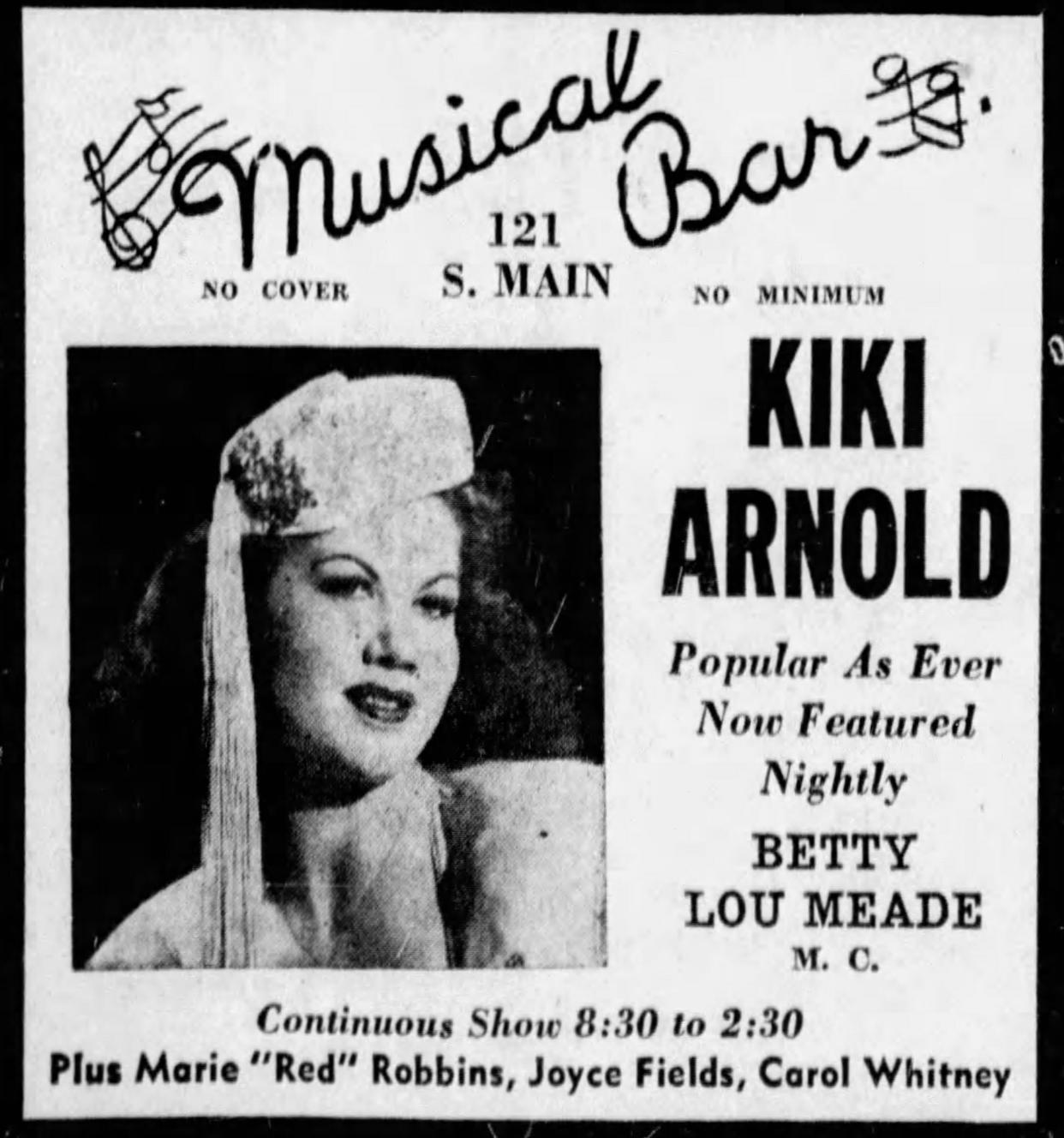 Akron burlesque star Kiki Arnold headlines the Musical Bar in 1948.