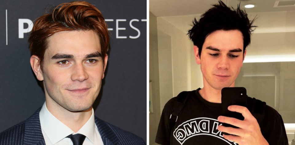 <p>After wrapping season two of <em>Riverdale</em>, KJ dyed his hair pitch black. His natural hair color is dark brown, but he's rocking the darker shade. </p>