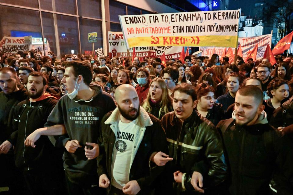 Students take part in a protest following a deadly train accident on February 28, 2023, near the city of Larissa, central Greece where 38 people died, outside the Hellenic Train headquarters, in Athens, on March 1, 2023.