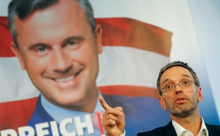 Austrian Freedom Party (FPOe) Secretary General Herbert Kickl presents campaign posters of FPOe candidate Norbert Hofer for a re-run of the run-off presidential election in Vienna, Austria August 24, 2016. REUTERS/Heinz-Peter Bader