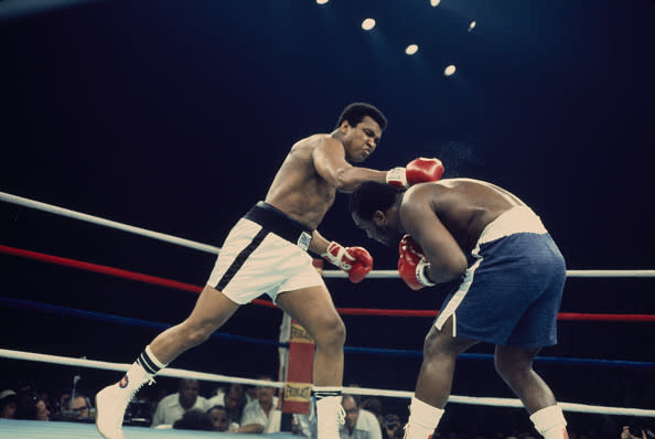 Heavyweight boxers Muhammad Ali (white shorts, 1942 – 2016) and Joe Frazier (1944 – 2011) in action during their championship bout in Quezon City, Manila, Philippines, October 1st 1975. (Photo by UPI/Bettmann/Getty Images)