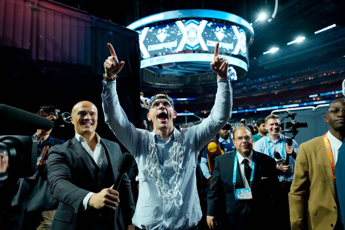 Connecticut head coach Dan Hurley celebrates after the Huskies defeated San Diego State in last year’s national championship game. Talk of expanding the tournament from its current 68-team format has been met with resistance, but will that be enough to stop it from happening?