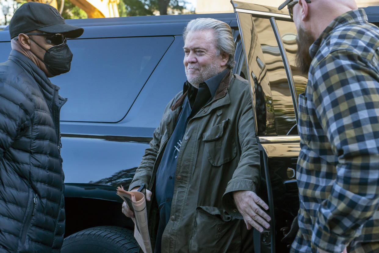 Steve Bannon, longtime ally of former President Donald Trump, convicted of contempt of Congress, arrives at federal court for a sentencing hearing, Friday, Oct. 21, 2022, in Washington. (AP Photo/Nathan Howard)