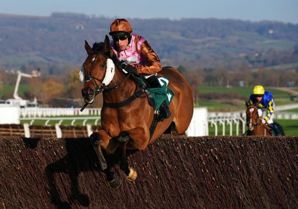 Hidden Heroics ridden by Harry Skelton clears a fence on the way to victory at Cheltenham.