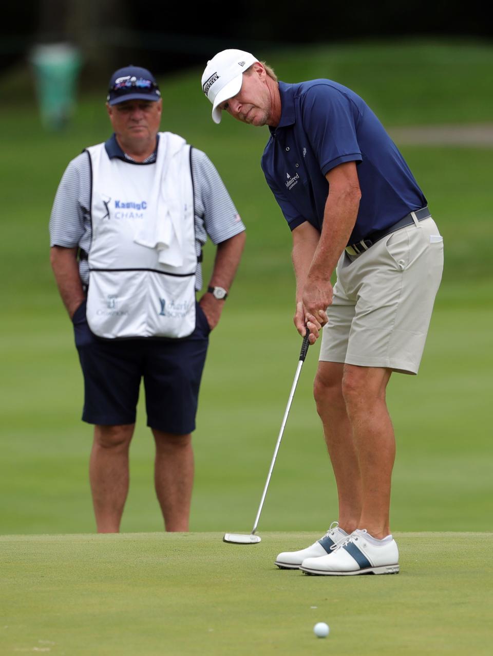 Steve Stricker putts on the seventh hole during the Kaulig Companies Championship Pro-Am at Firestone Country Club on Wednesday in Akron.