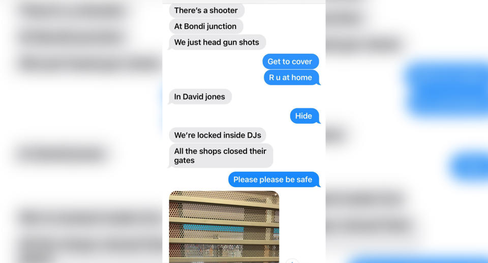 The text message a daughter sent her dad from Westfield Bondi Junction. Source: X