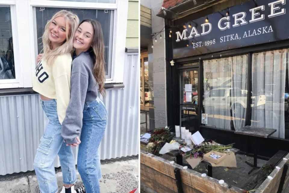 left: two college student girls smiling side-by-side right; the outside of Mad Greek's pizza restaurant