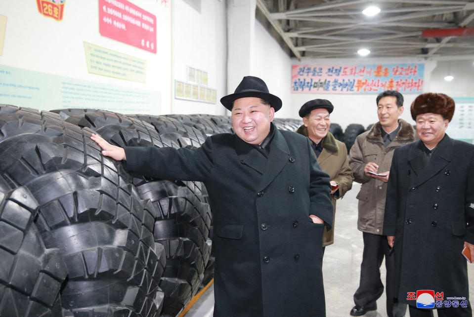 <p>In this undated photo provided on Sunday, Dec. 3, 2017, by the North Korean government, North Korean leader Kim Jong Un inspects a local tire factory in Chagang Province, North Korea. Kim thanked workers at a factory that built the tires for a huge vehicle used to transport a new intercontinental ballistic missile that was test-launched this week. Independent journalists were not given access to cover the event depicted in this image distributed by the North Korean government. The content of this image is as provided and cannot be independently verified. Korean language watermark on image as provided by source reads: “KCNA” which is the abbreviation for Korean Central News Agency. (Korean Central News Agency/Korea News Service via AP) </p>