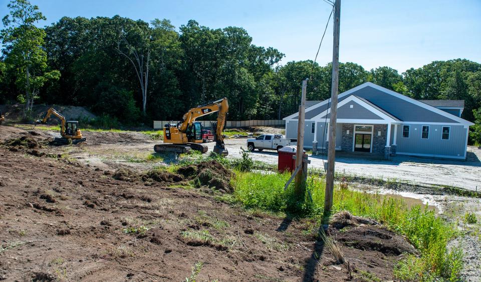 Work is underway at 49 Milford St. in Mendon to build a 4,806-square-foot strip club, to be run by Showtime Entertainment, Aug. 2, 2023.