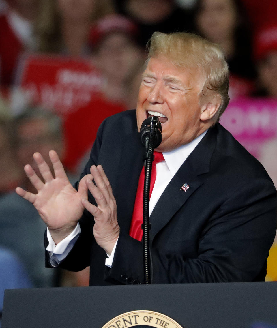 President Donald Trump speaks during g a rally Sunday, Nov. 4, 2018, in Macon, Ga. (AP Photo/John Bazemore)