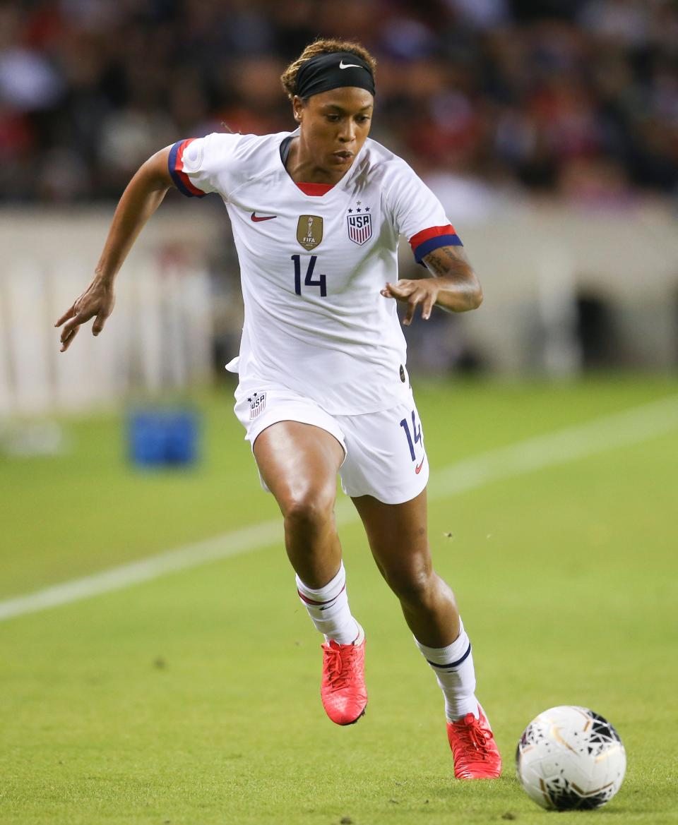 USA forward Jessica McDonald (14) dribbles against Costa Rica in the first half during the CONCACAF Women's Olympic Qualifying soccer tournament at BBVA Stadium in Houston, Texas, on Feb. 3, 2020. McDonald has joined Racing Louisville for the upcoming NWSL season.