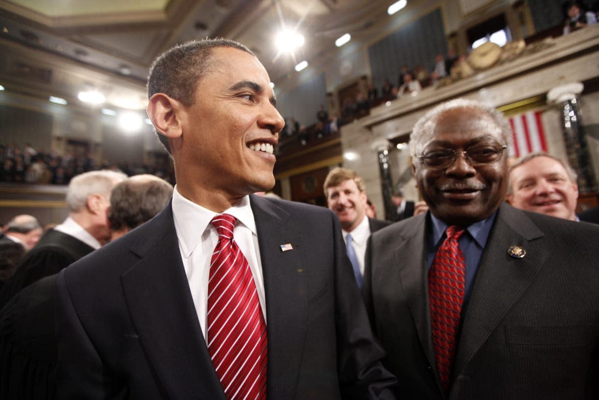 U.S. President Barack Obama (L) leaves after his address to a joint session of Congress as House Majority Whip Rep. James Clyburn (D-SC) looks on in the House Chamber of the U.S. Capitol February 24, 2009 in Washington, DC. (Photo by Pablo Martinez Monsivais-Pool/Getty Images)
