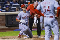Cincinnati Reds' Luke Maile, left, is checked after being hit by a pitch during the seventh inning of a baseball game against the New York Mets, Friday, Sept. 15, 2023, in New York. (AP Photo/Bebeto Matthews)