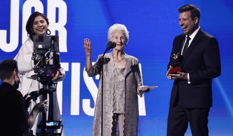 Angela Alvarez (C) accepts the award for Best New Artist during the 23rd Annual Latin Grammy Awards at the Michelob Ultra Arena at Mandalay Bay in Las Vegas, Nevada, USA, 17 November 2022. The Latin Grammys recognize artistic and/or technical achievement, not sales figures or chart positions, and the winners are determined by the votes of their peers - the qualified voting members of the Latin Recording Academy.