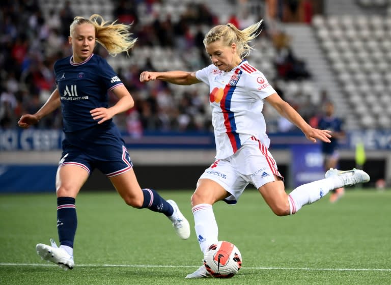 Ada Hegerberg scored the opener as Lyon won their second leg against <a class="link " href="https://sports.yahoo.com/soccer/teams/psg/" data-i13n="sec:content-canvas;subsec:anchor_text;elm:context_link" data-ylk="slk:PSG;sec:content-canvas;subsec:anchor_text;elm:context_link;itc:0">PSG</a> in 2022 (FRANCK FIFE)