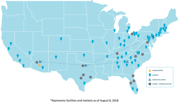 Graphic of Carvana's markets spread across its U.S. footprint.