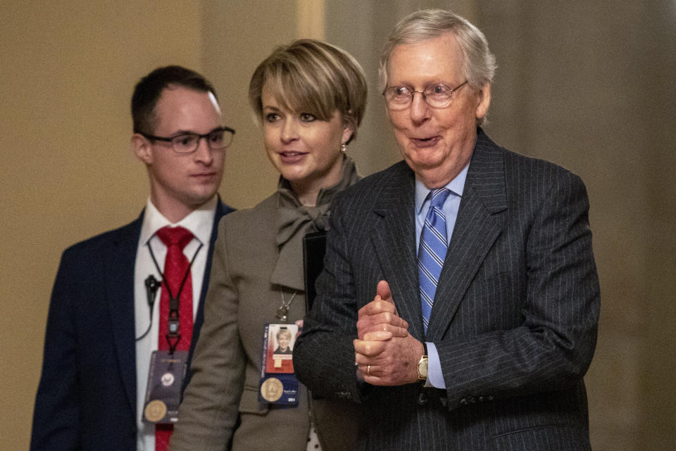 Senate Majority Leader Mitch McConnell (R-Ky.) walks to meet with Senate Republicans on Capitol Hill on Jan. 31 after the Senate voted not to allow witnesses in the impeachment trial of President Donald Trump. (Photo: ASSOCIATED PRESS)