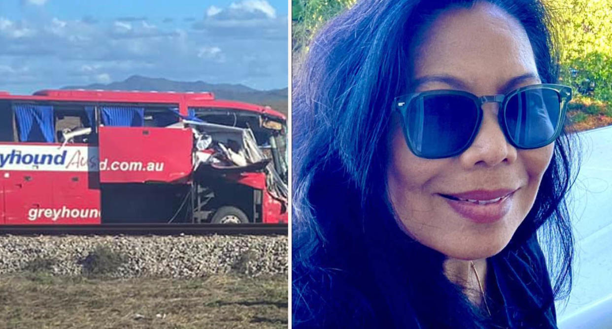 The smashed Greyhound bus on train tracks with an insert of Piezy Marie's face wearing sunglasses. 