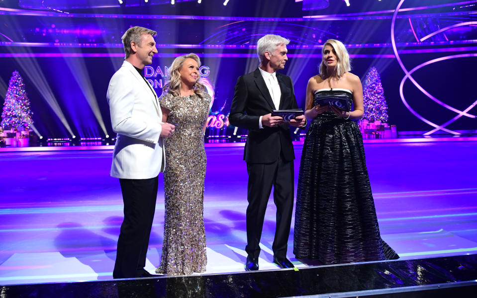 Jayne Torvill, Christopher Dean, Phillip Schofield and Holly Willoughby attending the launch of Dancing On Ice 2020, held at Bovingdon Airfield, Hertfordshire. (Photo by Ian West/PA Images via Getty Images)