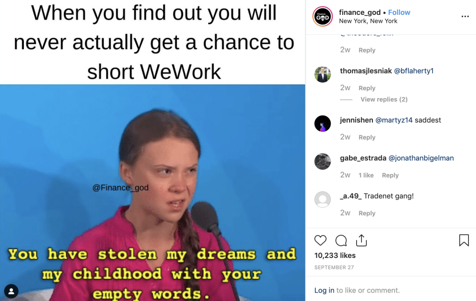 An example of a 'finmeme' on the Instagram page @finance_god. Photo: Screenshot/Instagram