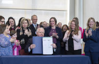 Surrounded by DFL legislators, Minnesota Gov. Tim Walz, center, holds up a bill he signed that adds a "fundamental right" to abortion access into state law on Tuesday, Jan. 31, 2023, St. Paul, Minn. Walz's signature makes Minnesota the sixteenth state to spell out a right to abortion access in its law books or constitution, and the first state Legislature to take such action since Roe v. Wade was overturned in June 2022. (Glen Stubbe/Star Tribune via AP)