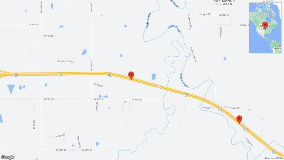 A detailed map that shows the affected road due to 'Lane on K-10 closed in De Soto' on July 3rd at 9:54 p.m.