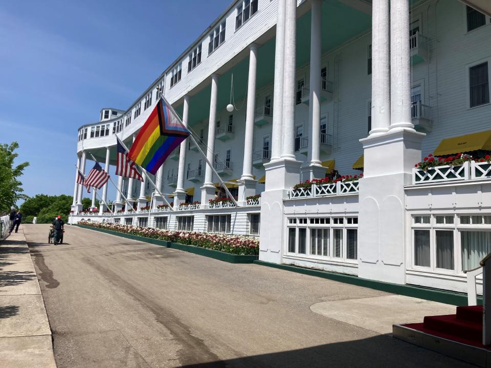 A pride flag waves from the porch of the Grand Hotel on Mackinac Island during the Detroit Regional Chamber's annual policy conference.