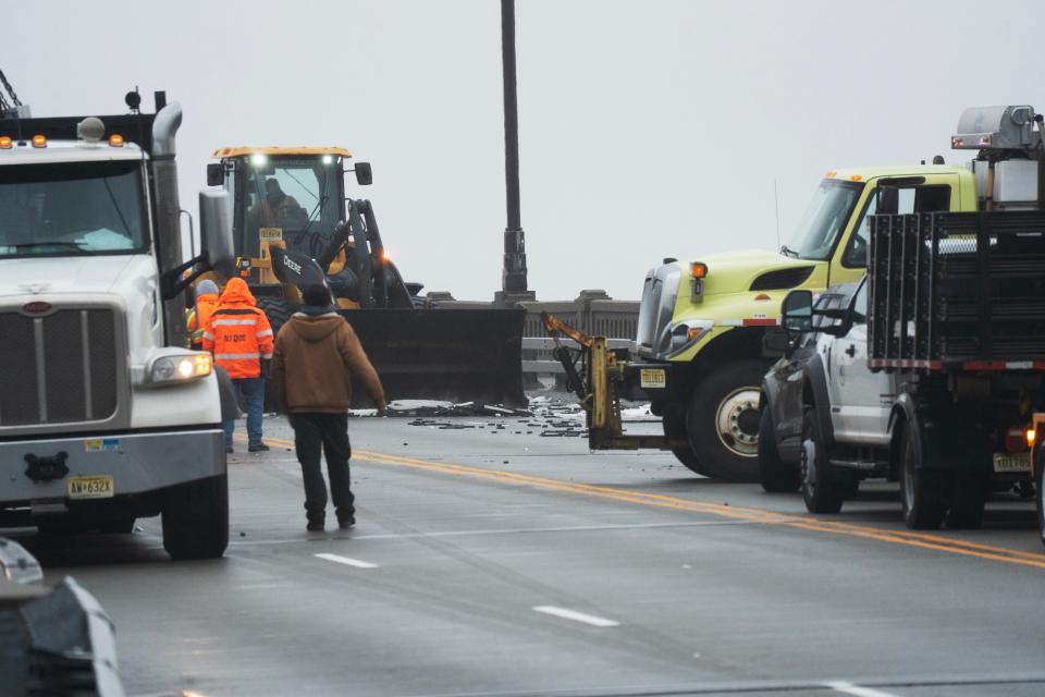 A truck hauling quartz and granite had part of its load fall and break apart on the Route 46 bridge over the Hackensack River causing all traffic to be suspended in both directions while clean up was underway in Little Ferry, NJ on Monday March 13, 2023. 