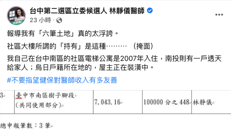 林靜儀表示媒體報導他有6筆土地，實在太浮誇。（圖／翻攝林靜儀臉書）