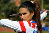 Leryn Franco, member of the Paraguayan Olympic javelin team and model, takes part in a practice ahead of the London 2012 Olympic Games, in Asuncion on July 19, 2012. Franco's beauty was a media sensation during the Beijing 2008 Olympic Games. (Norberto Duarte/AFP/Getty Images)