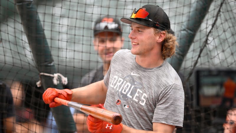 Baltimore Orioles infielder Gunnar Henderson takes part in batting practice before a baseball game against the Los Angeles Angels, Tuesday, May 16, 2023, in Baltimore.