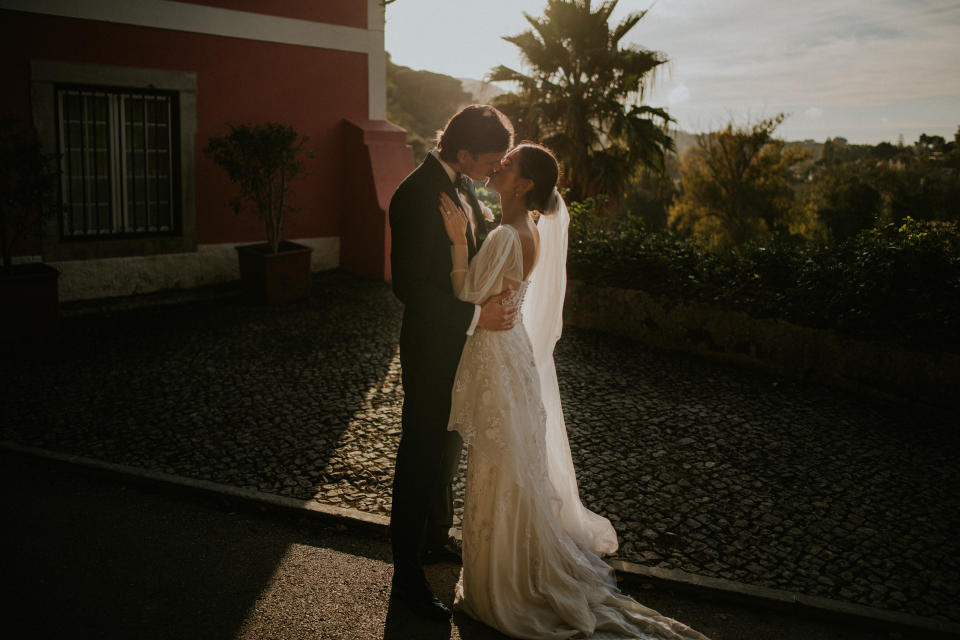 The Bride Wore Feathers for Her Civil Ceremony in London, and a Dress Embroidered With Peonies to Her Micro-Wedding in Portugal