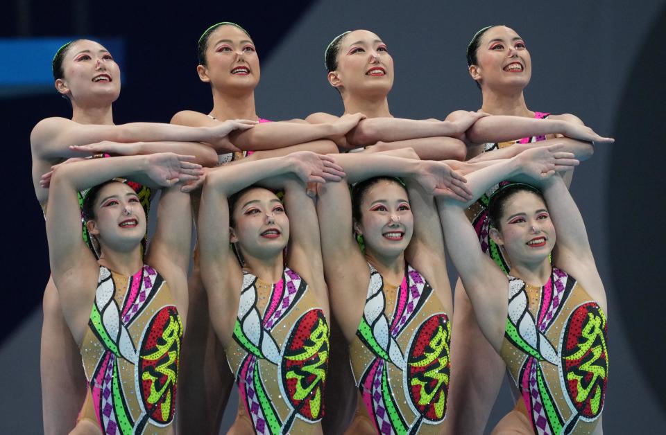 August 7, 2021: Japan performs in the women's artistic swimming team free routine during the Tokyo 2020 Olympic Summer Games at Tokyo Aquatics Centre.