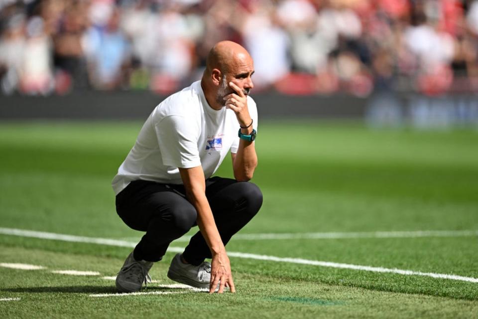 Pep Guardiola is aiming to lead Man City to a fifth straight Premier League title (The FA via Getty Images)