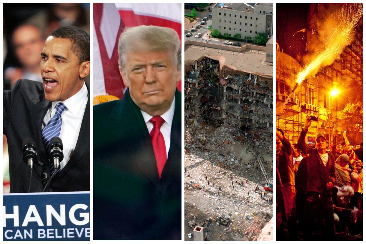 Barack Obama, Donald Trump, the aftermath of the Oklahoma City bombing, and Egyptian protesters during Arab Spring. 