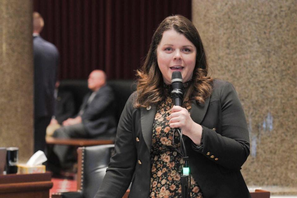 State Rep. Hannah Kelly, R-Mountain View, speaks during House debate in early March.