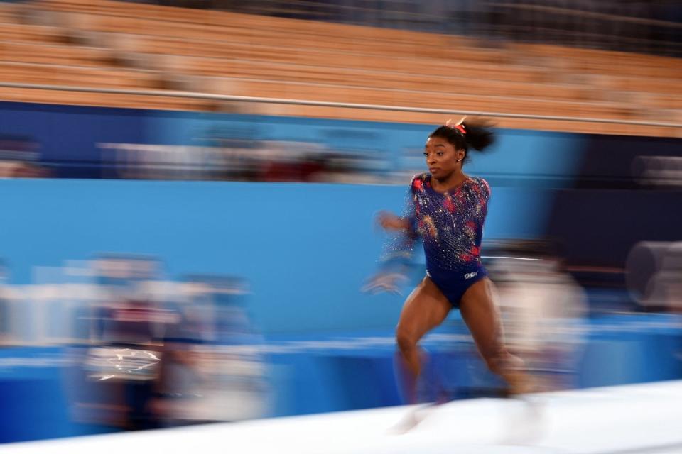 USA's Simone Biles competes in the artistic gymnastics vault event of the women's qualification (Martin Bureau/AFP via Getty Images)