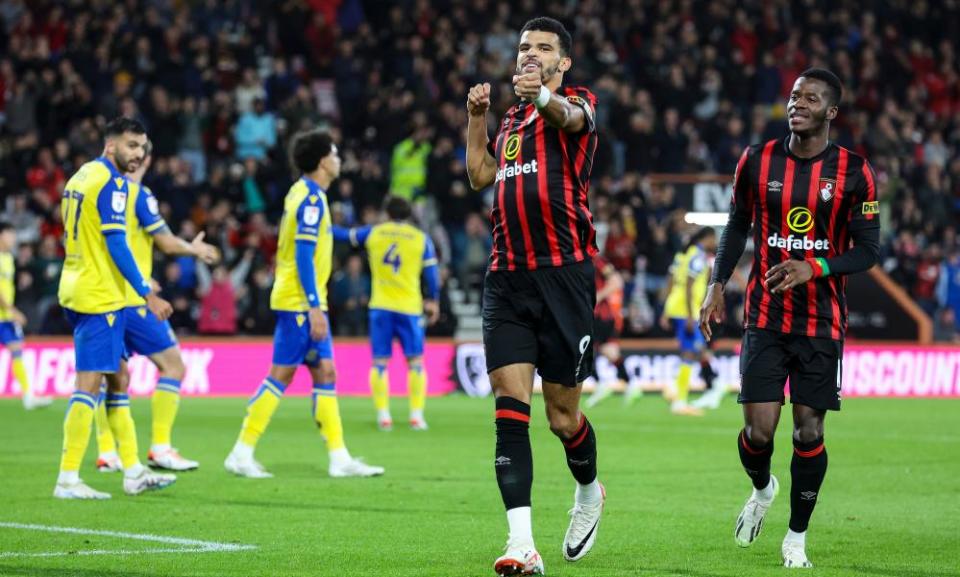 Dominic Solanke celebrates scoring the opener off the bench