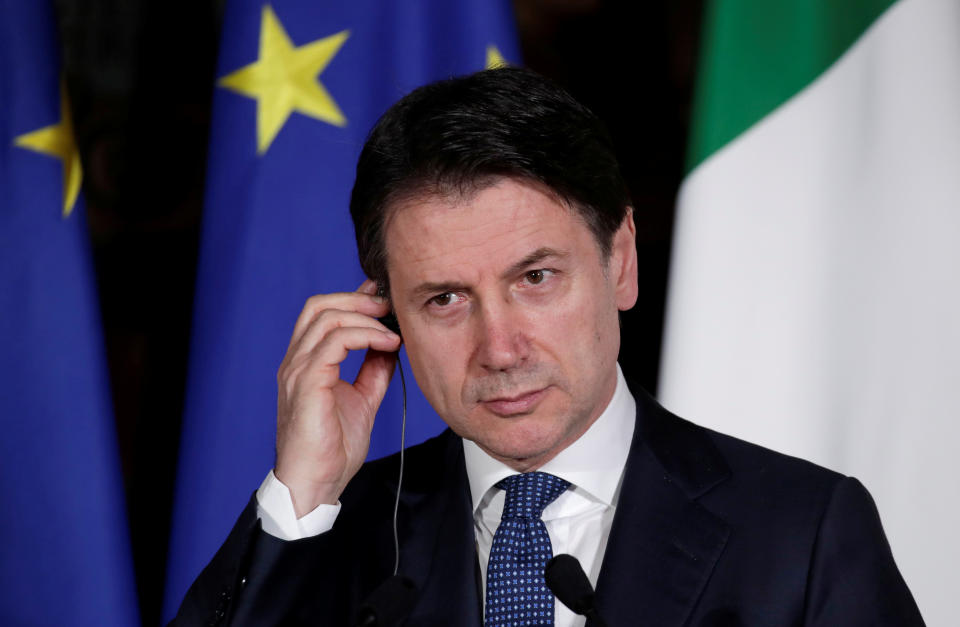 Italian Prime Minister Giuseppe Conte and French President Emmanuel Macron (not pictured) hold a joint news conference during a one day Italo-Franco summit in Naples, Italy February 27, 2020. REUTERS/Ciro De Luca