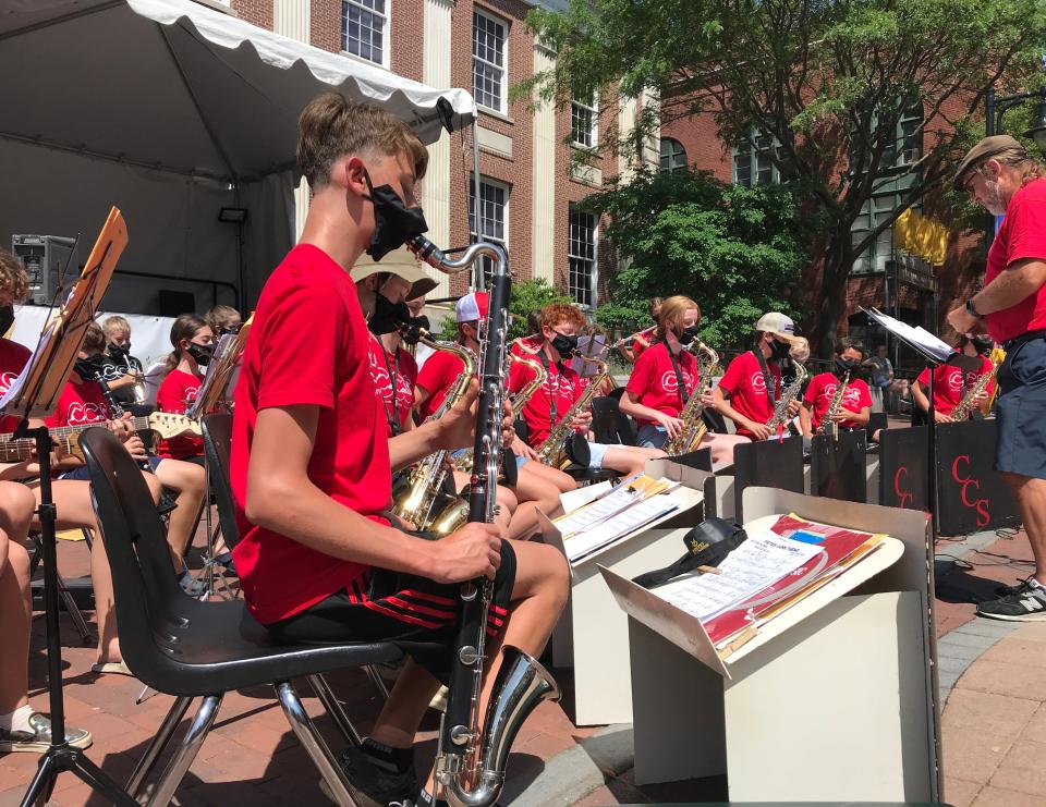 A bass clarinetist in the Charlotte Central School Jazz Band holds down the low end in "The Peter Gunn Theme" by Henry Mancini on on Burlington's Church Street on June 9, 2021.
The school band is one of many that performed at the Burlington Discover Jazz Festival.