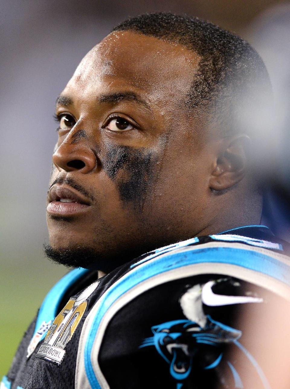 Carolina Panthers fullback Mike Tolbert looks toward the video board during the fourth quarter vs. the Denver Broncos in Super Bowl 50 on Feb. 7, 2016. The Denver Broncos defeated the Carolina Panthers 24-10. Tolbert, who didn’t fumble a single time in the regular season in five years for the Panthers, fumbled twice in the Super Bowl and lost one of them.