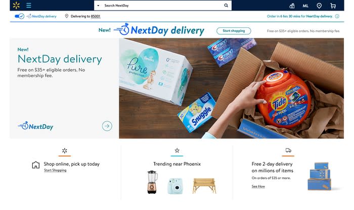 The Walmart.com homepage highlighting its NextDay delivery program.