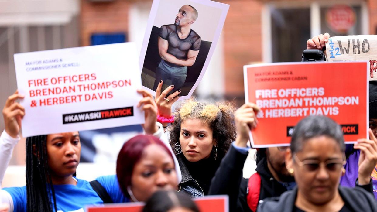 rally protest community members gathered NYPD headquarters demand Commissioner Edward Caban fire officers Brendan Thompson Herbert Davis killed black gay man Kawaski Trawick