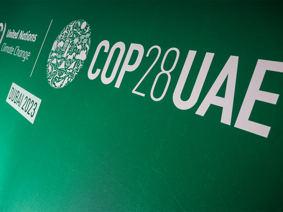  A logo of the COP28 is pictured ahead of the United Nations climate summit in Dubai on November 28, 2023.