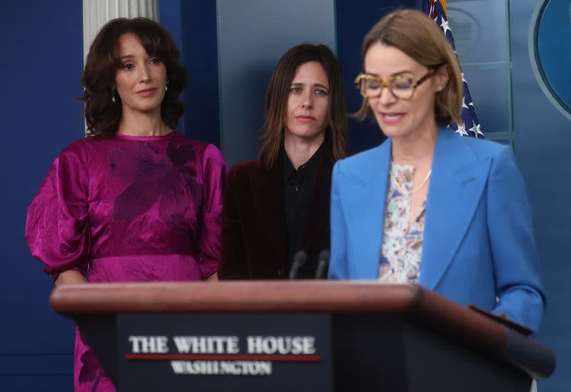 White House Press Secretary Karine Jean-Pierre holds a press briefing with cast members from The L Word at the White House
