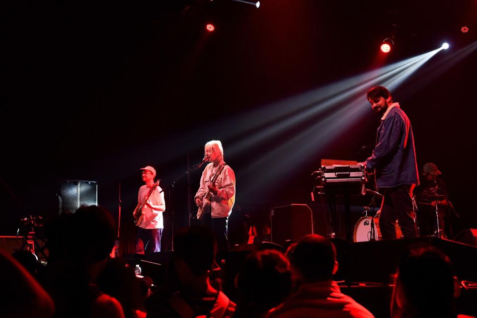 INDIO, CA - APRIL 21:  (L-R) Jessy Caron, Emmanuelle Proulx, and Dragos Chiriac of Men I Trust perform at Sonora Stage during the 2019 Coachella Valley Music And Arts Festival on April 21, 2019 in Indio, California.  (Photo by Emma McIntyre/Getty Images for Coachella)